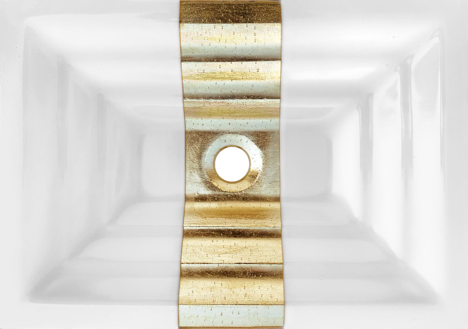 Linkasink Bathroom Sinks - Artisan Glass - AG11C-01GLD - Églomisé Ribbon Large Rectangle - White Glass with Gold Ribbon - Undermount - OD: 23" x 15" x 4" - ID: 20.5" x 12.5" - Drain: 1.5"
