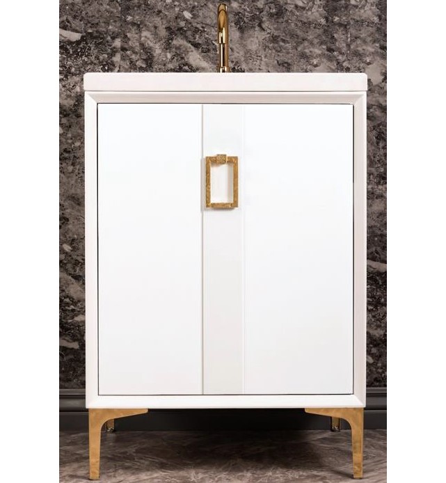 Linkasink Sink Vanities - VAN24W-008PB - TUXEDO with Coach Pull 24" Wide Vanity - White - Polished Brass Hardware - 24" x 22" x 33.5" (without vanity top)