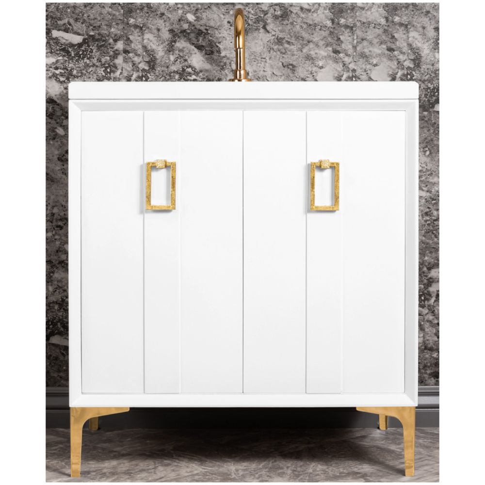 Linkasink Sink Vanities - VAN30W-008PB - TUXEDO with Coach Pull 30" Wide Vanity - White - Polished Brass Hardware - 30" x 22" x 33.5" (without vanity top)