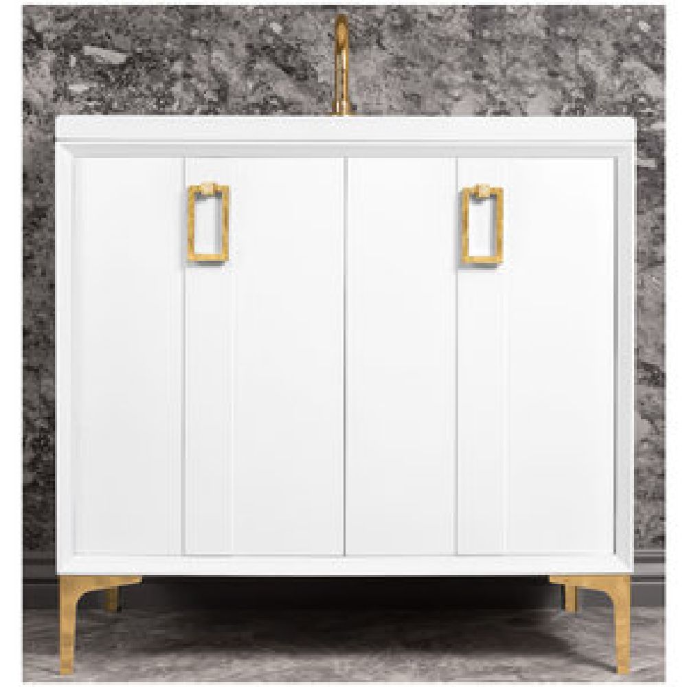 Linkasink Sink Vanities - VAN36W-008SB - TUXEDO with Coach Pull 36" Wide Vanity - White - Satin Brass Hardware - 36" x 22" x 33.5" (without vanity top) - Click Image to Close