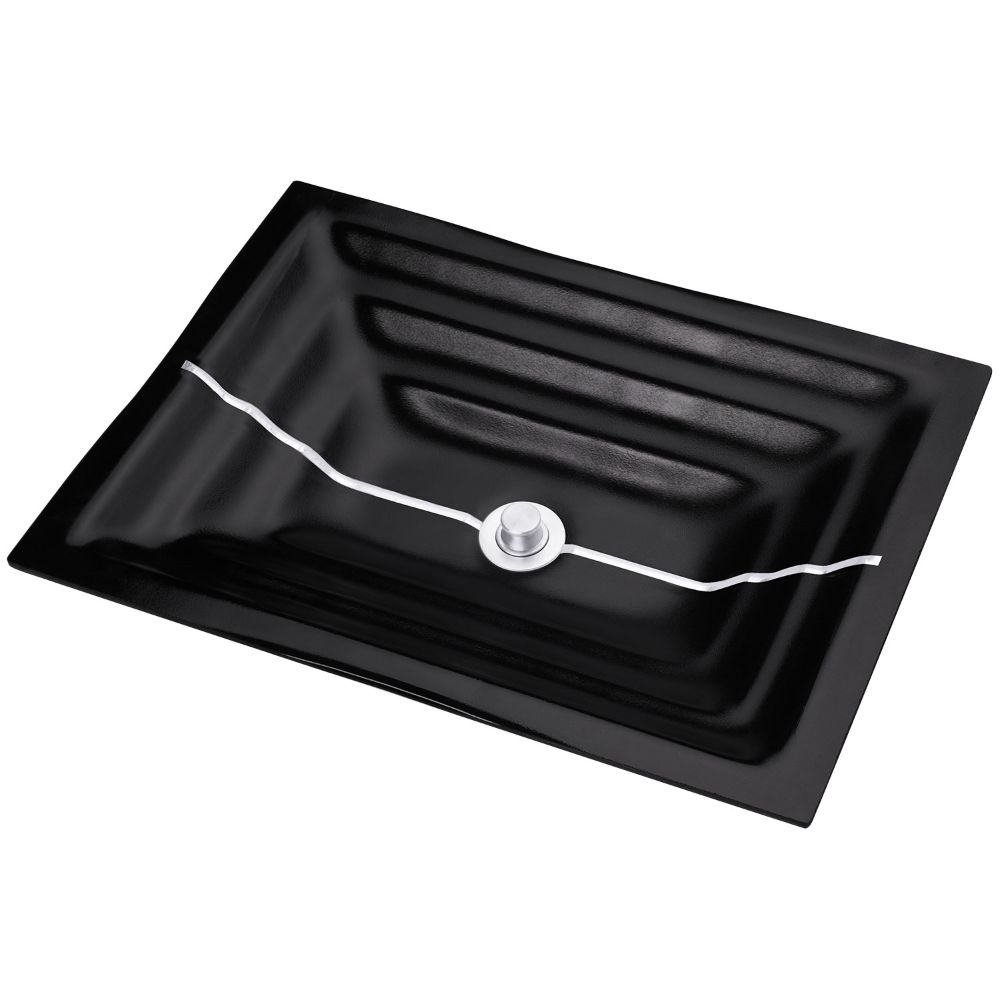 Linkasink Bathroom Sinks - Artisan Glass - AG01A-04SLV - STRIPE Small Rectangle - Black Glass with Silver Accent - Undermount - OD: 18" x 12" x 4" - ID: 15.5" x 10" - Drain: 1.5"