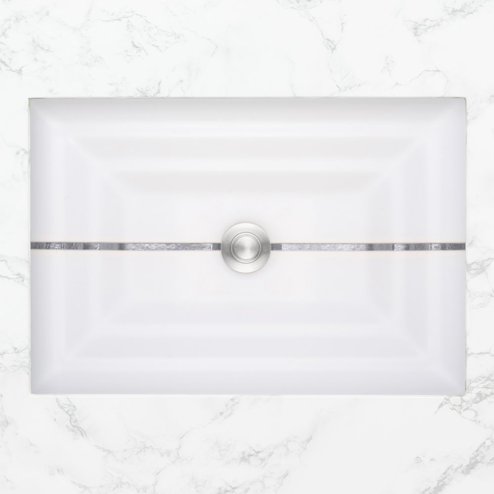 Linkasink Bathroom Sinks - Artisan Glass - AG01B-01SLV - STRIPE Medium Rectangle - White Glass with Silver Accent - Undermount - OD: 20" x 14" x 4" - ID: 18" x 12" - Drain: 1.5" - Click Image to Close