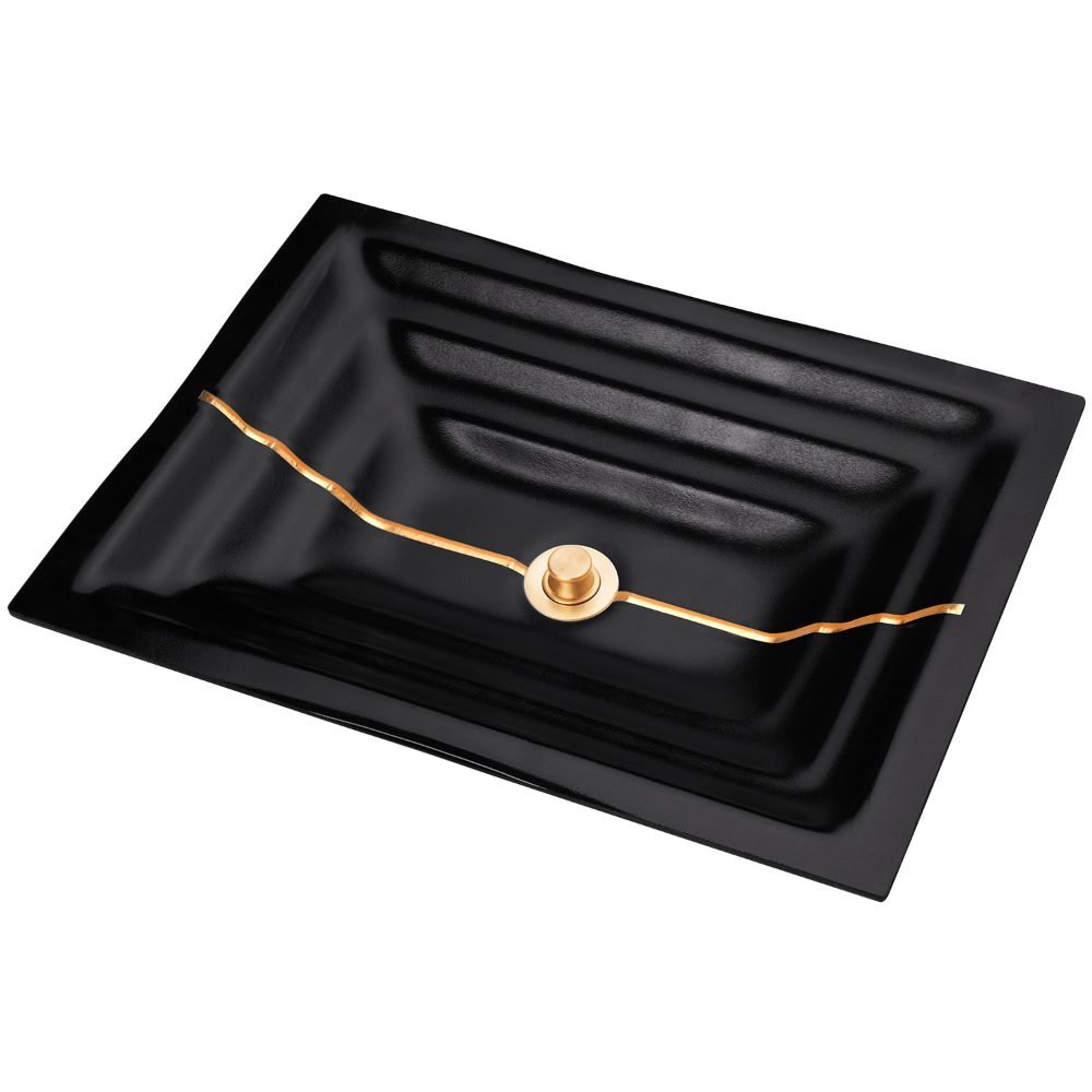 Linkasink Bathroom Sinks - Artisan Glass - AG01B-04GLD - STRIPE Medium Rectangle - Black Glass with Gold Accent - Undermount - OD: 20" x 14" x 4" - ID: 18" x 12" - Drain: 1.5" - Click Image to Close