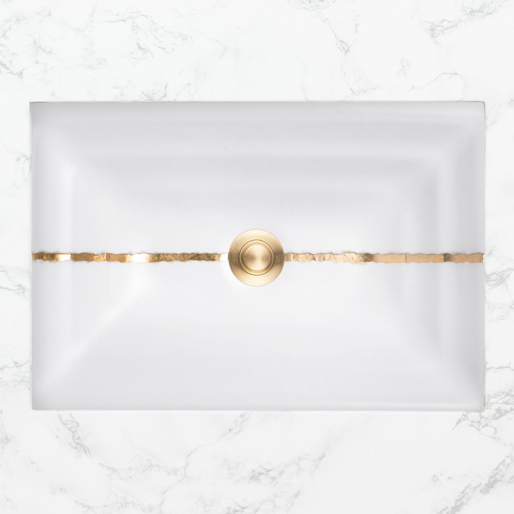 Linkasink Bathroom Sinks - Artisan Glass - AG02A-01BRS - RIVER Small Rectangle - White Glass with Brass Accent - Undermount - OD: 18" x 12" x 4" - ID: 15.5" x 10" - Drain: 1.5"