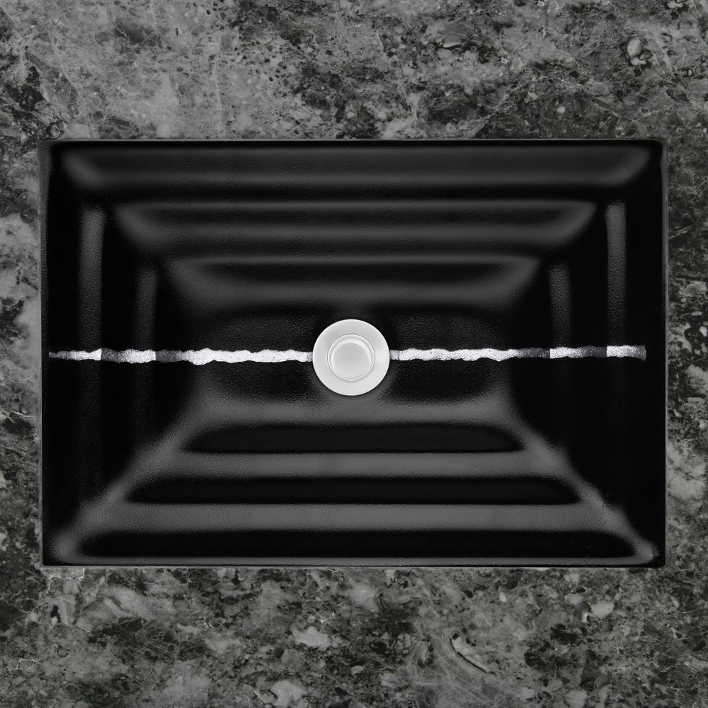 Linkasink Bathroom Sinks - Artisan Glass - AG02A-04SLV - RIVER Small Rectangle - Black Glass with Silver Accent - Undermount - OD: 18" x 12" x 4" - ID: 15.5" x 10" - Drain: 1.5"