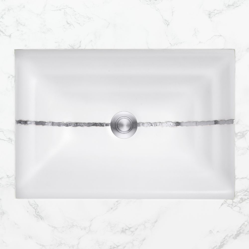 Linkasink Bathroom Sinks - Artisan Glass - AG02B-01SLV - RIVER Medium Rectangle - White Glass with Silver Accent - Undermount - OD: 20" x 14" x 4" - ID: 18" x 12" - Drain: 1.5" - Click Image to Close