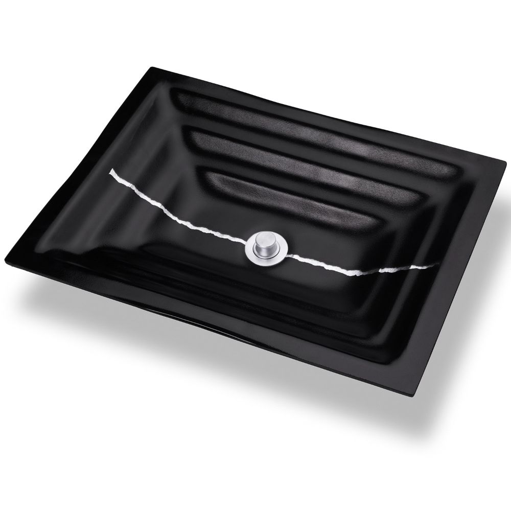 Linkasink Bathroom Sinks - Artisan Glass - AG02B-04SLV - RIVER Medium Rectangle - Black Glass with Silver Accent - Undermount - OD: 20" x 14" x 4" - ID: 18" x 12" - Drain: 1.5" - Click Image to Close