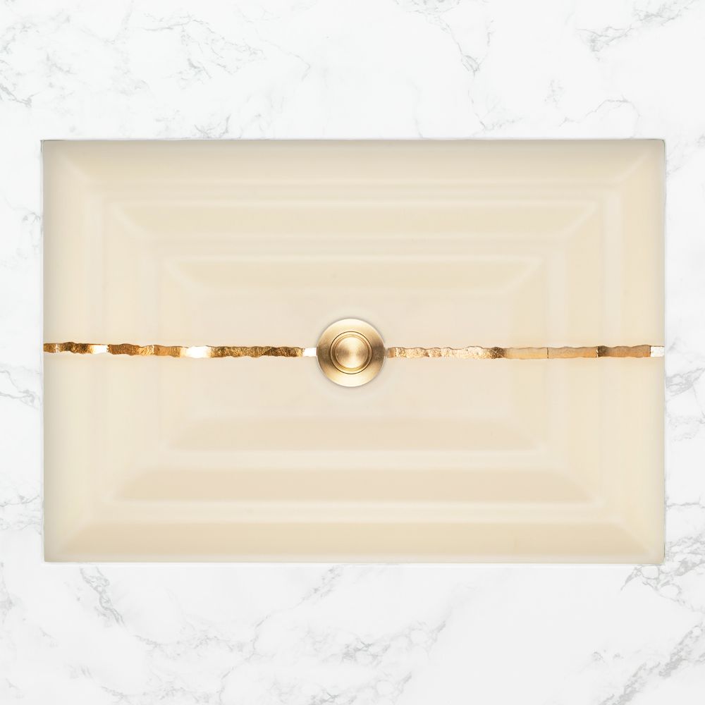 Linkasink Bathroom Sinks - Artisan Glass - AG02C-02BRS - RIVER Large Rectangle - Cream Glass with Brass Accent - Undermount - OD: 23" x 15" x 4" - ID: 20.5" x 12.5" - Drain: 1.5"