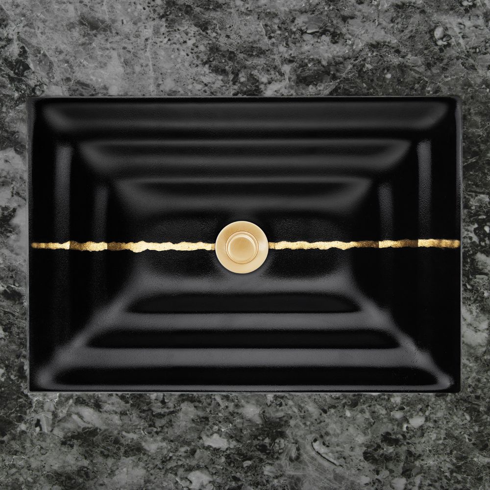 Linkasink Bathroom Sinks - Artisan Glass - AG02C-04GLD - RIVER Large Rectangle - Black Glass with Gold Accent - Undermount - OD: 23" x 15" x 4" - ID: 20.5" x 12.5" - Drain: 1.5" - Click Image to Close