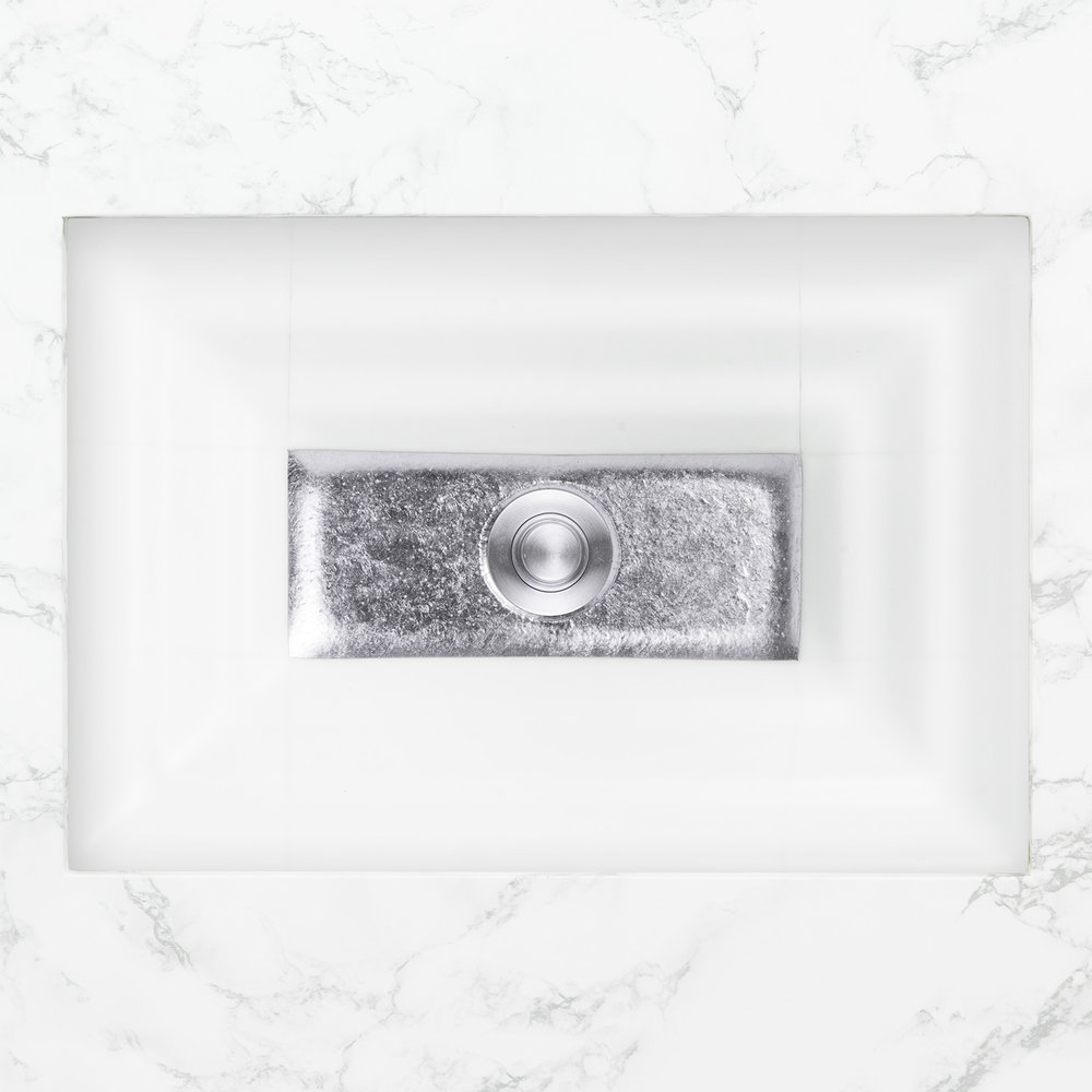 Linkasink Bathroom Sinks - Artisan Glass - AG03A-01SLV - WINDOW Small Rectangle - White Glass with Silver Accent - Undermount - OD: 18" x 12" x 4" - ID: 15.5" x 10" - Drain: 1.5"
