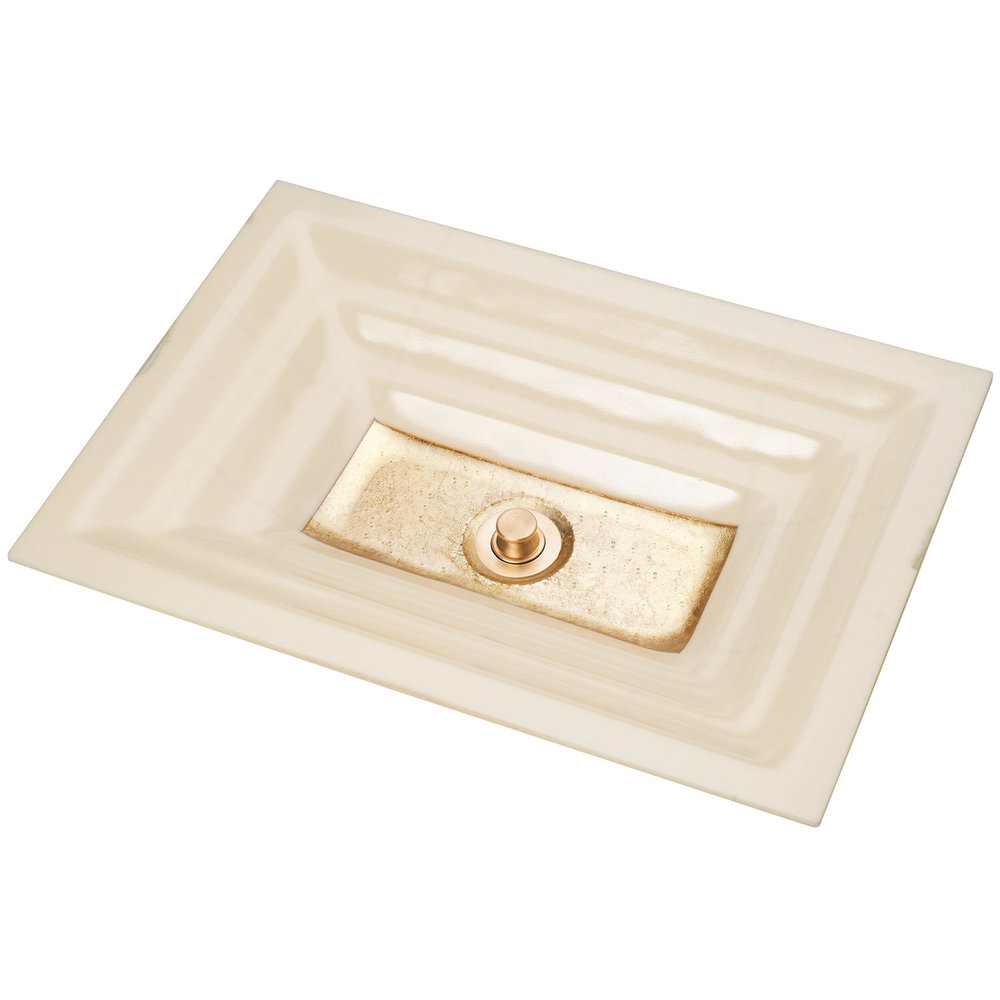 Linkasink Bathroom Sinks - Artisan Glass - AG03A-02BRS - WINDOW Small Rectangle - Cream Glass with Brass Accent - Undermount - OD: 18" x 12" x 4" - ID: 15.5" x 10" - Drain: 1.5" - Click Image to Close