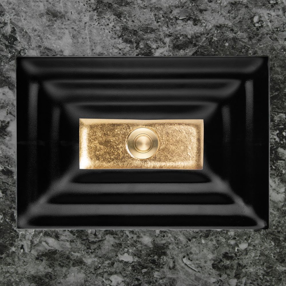 Linkasink Bathroom Sinks - Artisan Glass - AG03A-04BRS - WINDOW Small Rectangle - Black Glass with Brass Accent - Undermount - OD: 18" x 12" x 4" - ID: 15.5" x 10" - Drain: 1.5"