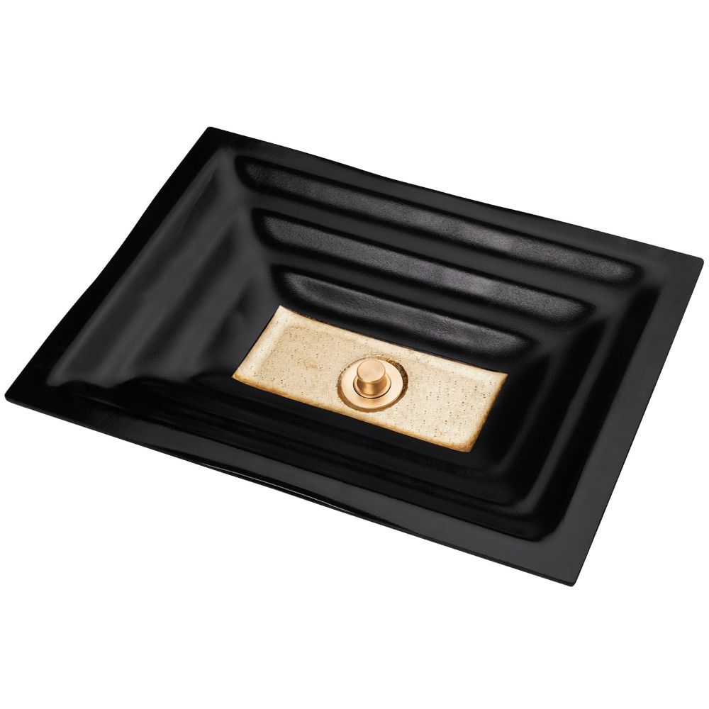 Linkasink Bathroom Sinks - Artisan Glass - AG03A-04BRS - WINDOW Small Rectangle - Black Glass with Brass Accent - Undermount - OD: 18" x 12" x 4" - ID: 15.5" x 10" - Drain: 1.5" - Click Image to Close
