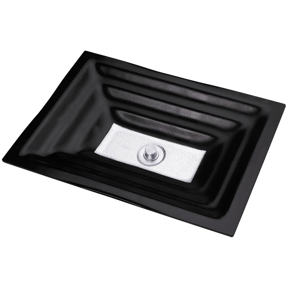 Linkasink Bathroom Sinks - Artisan Glass - AG03A-04SLV - WINDOW Small Rectangle - Black Glass with Silver Accent - Undermount - OD: 18" x 12" x 4" - ID: 15.5" x 10" - Drain: 1.5" - Click Image to Close