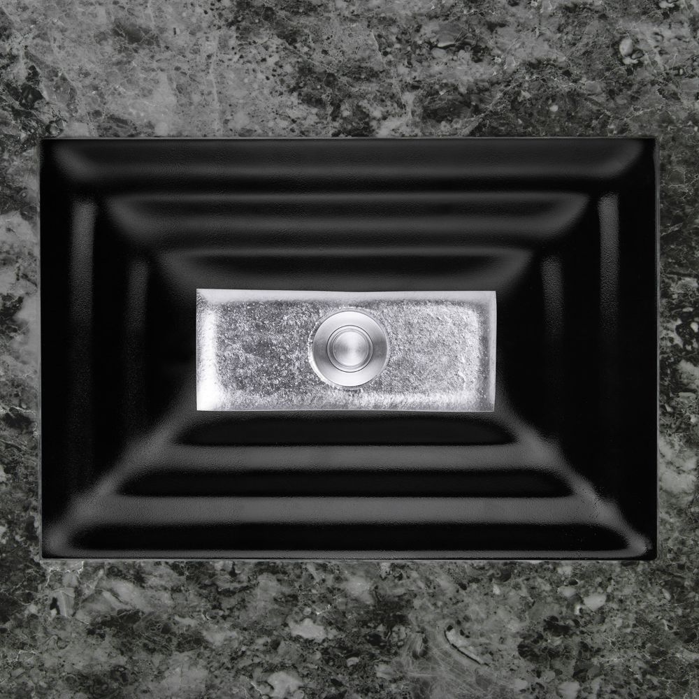 Linkasink Bathroom Sinks - Artisan Glass - AG03B-04SLV - WINDOW Medium Rectangle - Black Glass with Silver Accent - Undermount - OD: 20" x 14" x 4" - ID: 18" x 12" - Drain: 1.5" - Click Image to Close