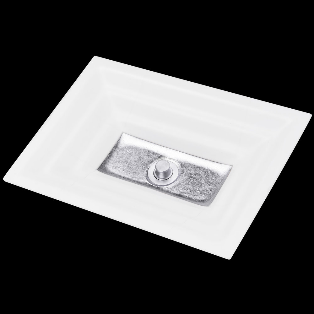 Linkasink Bathroom Sinks - Artisan Glass - AG03C-01SLV - WINDOW Large Rectangle - White Glass with Silver Accent - Undermount - OD: 23" x 15" x 4" - ID: 20.5" x 12.5" - Drain: 1.5" - Click Image to Close