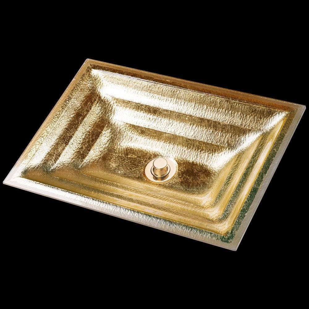 Linkasink Bathroom Sinks - Artisan Glass - AG04A-GLD - SOLID ÉGLOMISÉ Small Rectangle - White Glass with Gold - Undermount - OD: 18" x 12" x 4" - ID: 15.5" x 10" - Drain: 1.5" - Click Image to Close
