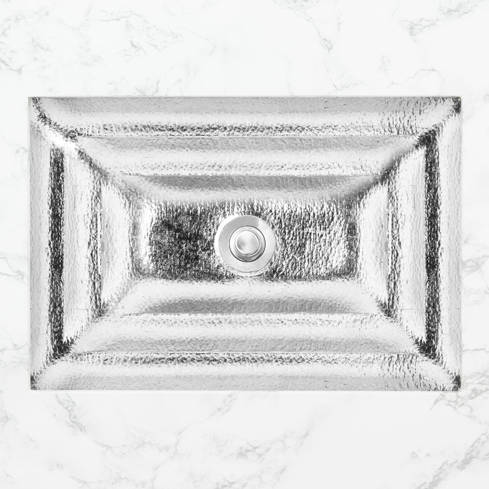Linkasink Bathroom Sinks - Artisan Glass - AG04A-SLV - SOLID ÉGLOMISÉ Small Rectangle - Glass with Silver - Undermount - OD: 18" x 12" x 4" - ID: 15.5" x 10" - Drain: 1.5" - Click Image to Close