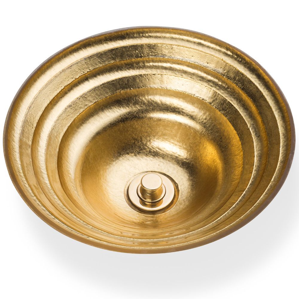 Linkasink Bathroom Sinks - Artisan Glass - AG04G-BRS - SOLID ÉGLOMISÉ Small Round Vessel - Glass with Brass - Vessel Sink - OD: 13.5" x 4" - Drain: 1.5" - Click Image to Close