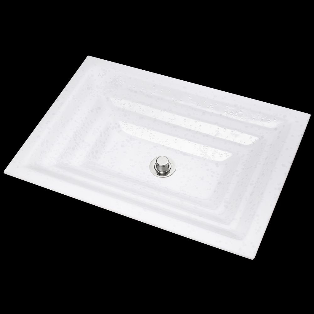 Linkasink Bathroom Sinks - Artisan Glass - AG05A - BUBBLES Small Rectangle - White + Clear Glass - Undermount - OD: 18" x 12" x 4" - ID: 15.5" x 10" - Drain: 1.5"