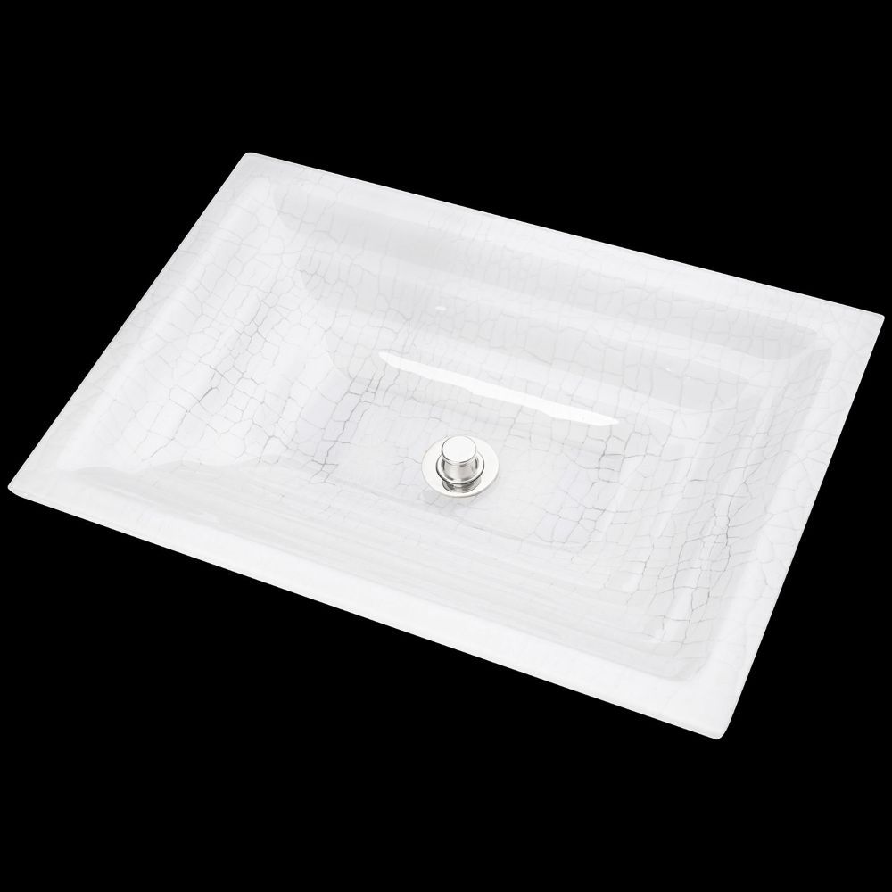Linkasink Bathroom Sinks - Artisan Glass - AG06A - CRACKLE Small Rectangle - White + Clear Glass - Undermount - OD: 18" x 12" x 4" - ID: 15.5" x 10" - Drain: 1.5"