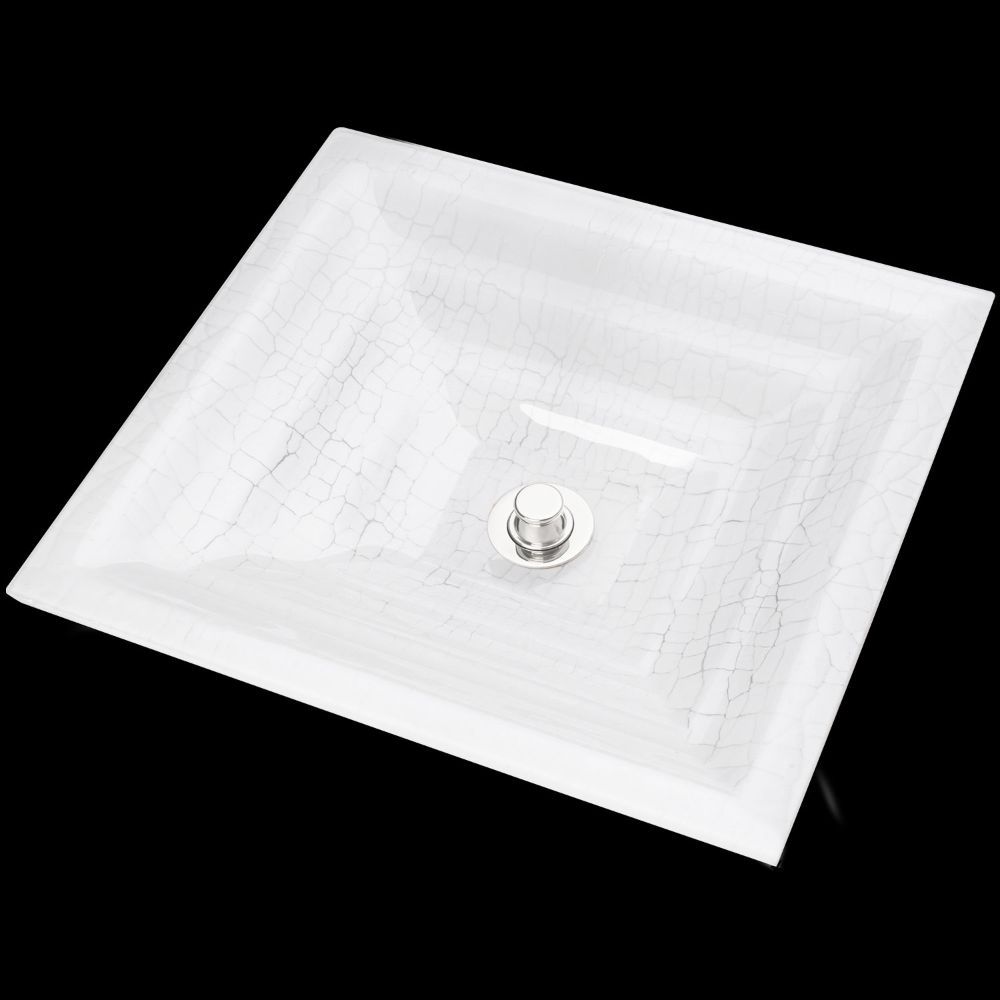 Linkasink Bathroom Sinks - Artisan Glass - AG06E - CRACKLE Medium Square - White + Clear Glass - Undermount - OD: 16.5" x 16.5" x 4" - ID: 14" x 14" - Drain: 1.5"