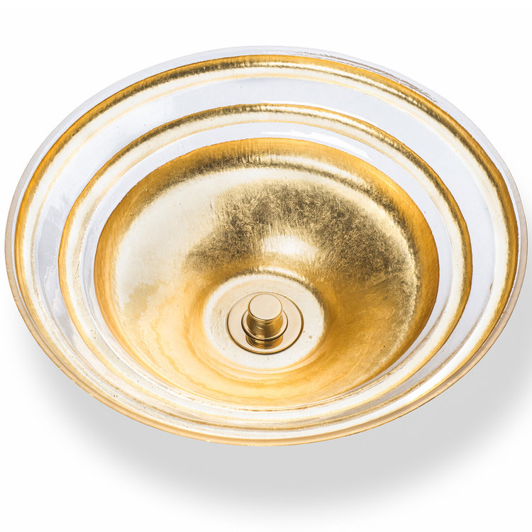 Linkasink Bathroom Sinks - Artisan Glass - AG07G-GLD - BANDED ÉGLOMISÉ Small Round Vessel - Glass with Gold - Vessel Sink - OD: 13.5