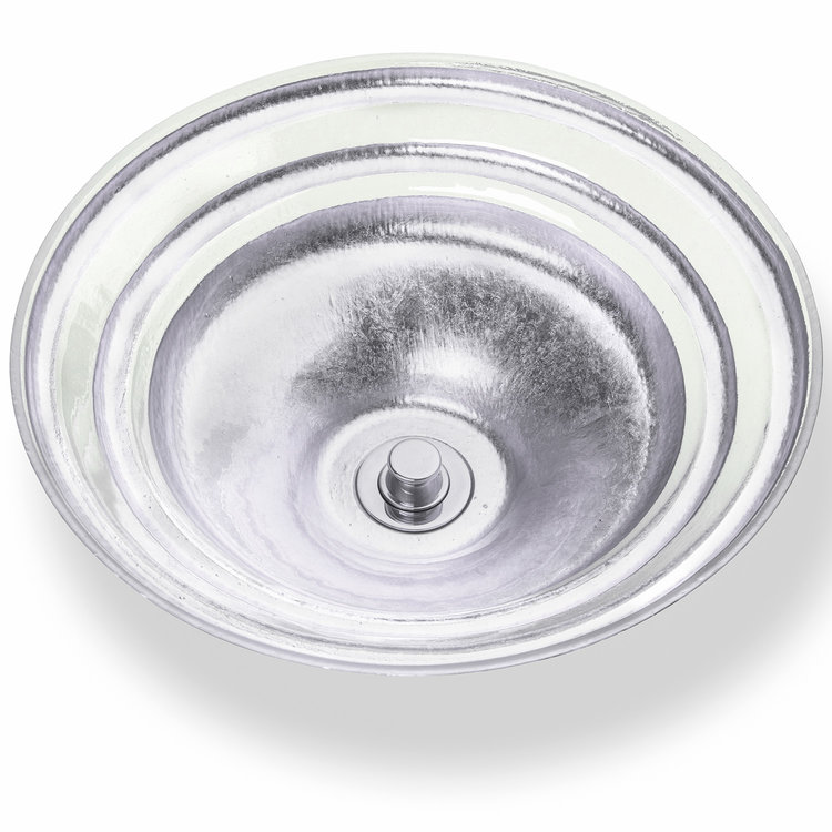 Linkasink Bathroom Sinks - Artisan Glass - AG07G-SLV - BANDED ÉGLOMISÉ Small Round Vessel - Glass with Silver - Vessel Sink - OD: 13.5" x 4" - Drain: 1.5" - Click Image to Close