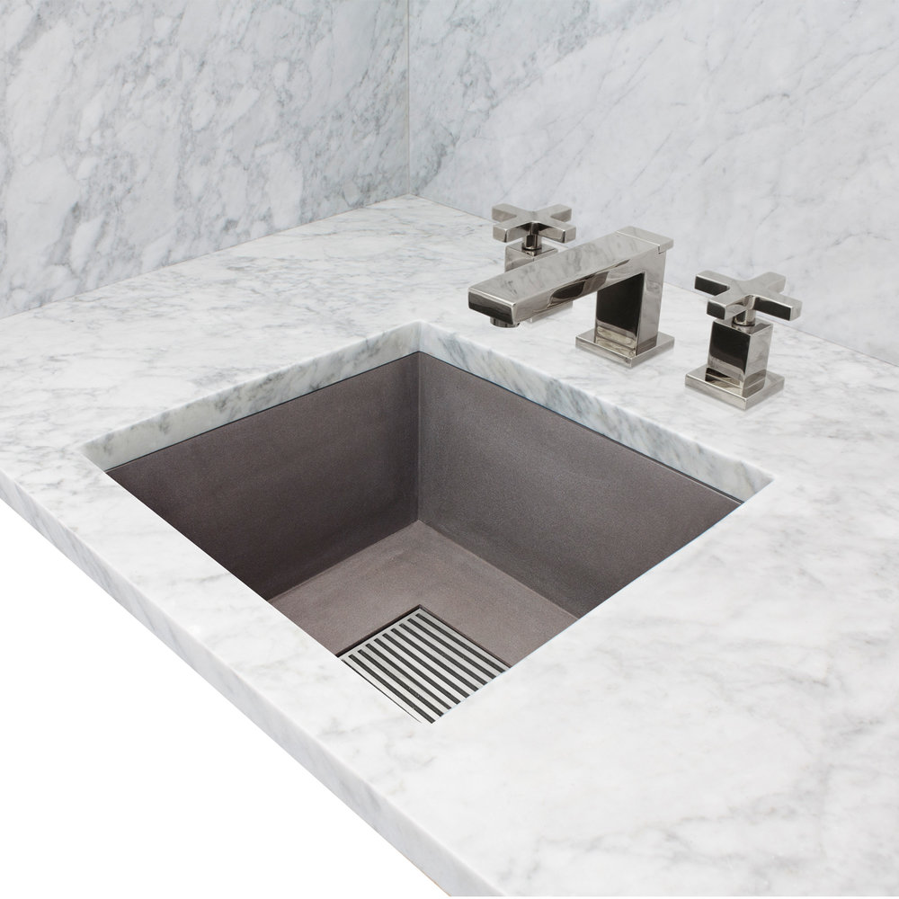 Linkasink Bathroom Sinks - Concrete - AC07UM G - ARLO - Concrete Square Sink with Grate Recess - Gray - Undermount - 16" x 16" x 7.75” - Interior 13.5" x 13.5" - Click Image to Close