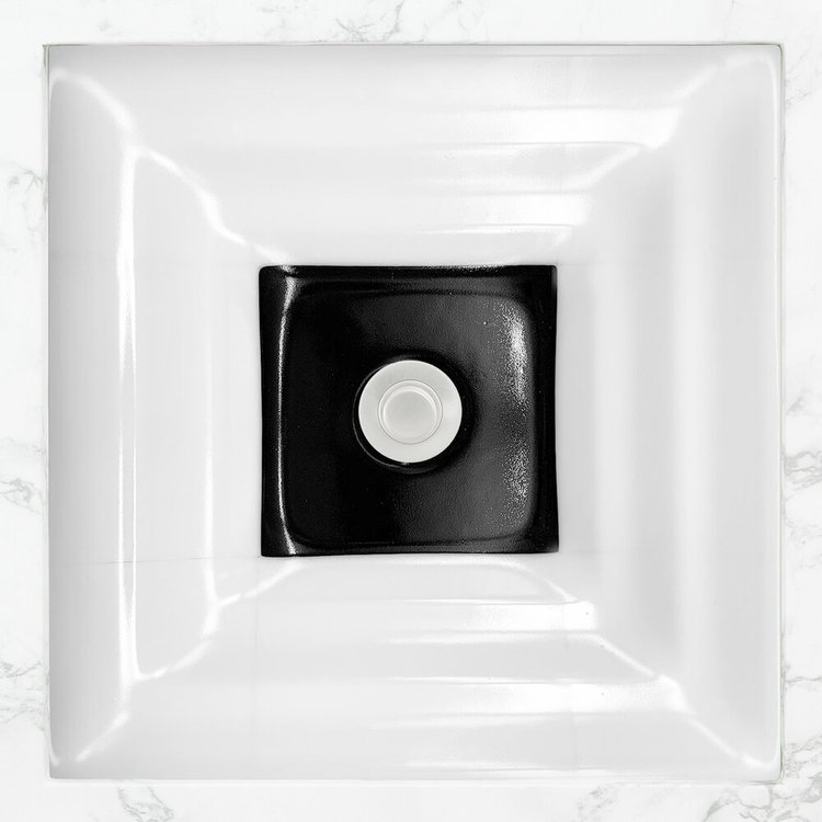 Linkasink Bathroom Sinks - Artisan Glass - AG08E -WINDOW Square - White Glass with Black Window - Undermount - OD: 16.5" x 16.5" x 4" - ID: 14" x 14" - Drain: 1.5"