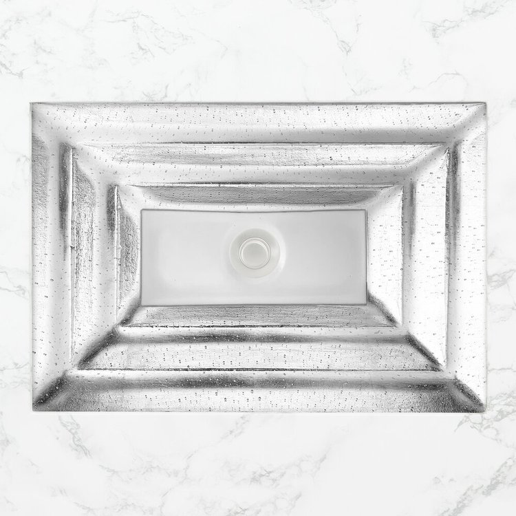 Linkasink Bathroom Sinks - Artisan Glass - AG10C-01SLV - Églomisé Large Rectangle - Silver with White Window - Undermount - OD: 23" x 15" x 4" - ID: 20.5" x 12.5" - Drain: 1.5"