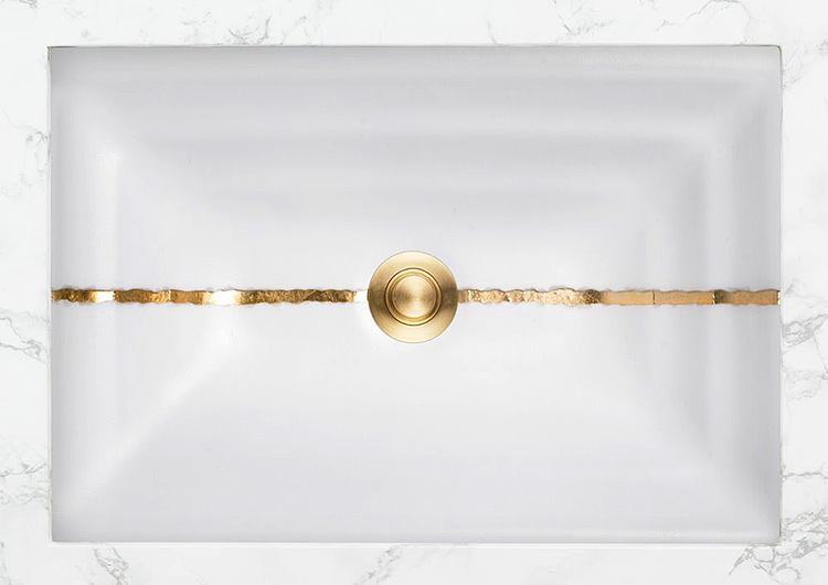 Linkasink Bathroom Sinks - Artisan Glass - AG02B Series AG02B-01GLD RIVER Medium Rectangle Undermount - White Glass with Gold Metal Leaf Accent