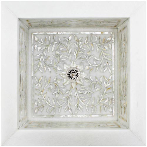 Linkasink MI14 W Square White Marble Floral Mother of Pearl Inlay Drop-In Sink - White