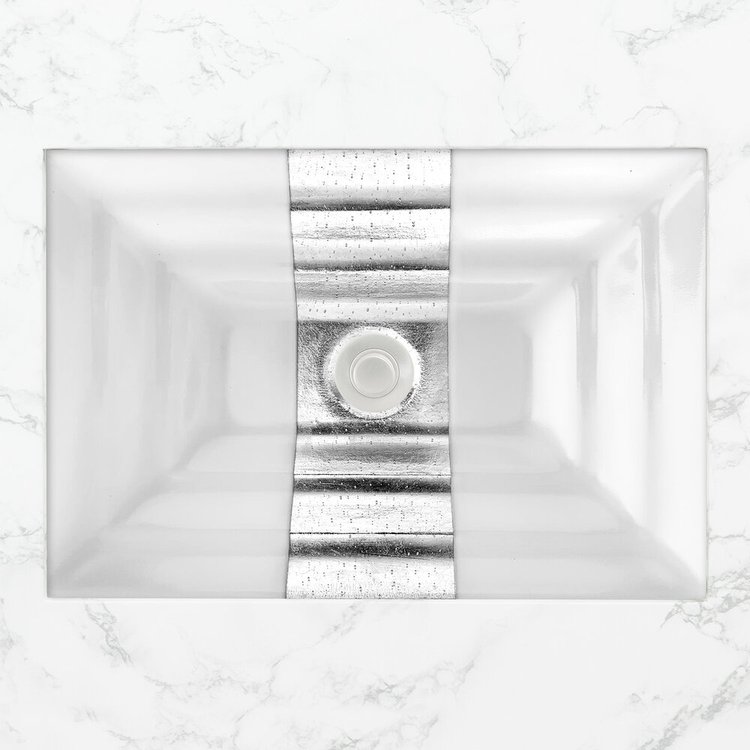 Linkasink Bathroom Sinks - Artisan Glass - AG11B-01SLV - Églomisé Ribbon Medium Rectangle - White Glass with Silver Ribbon - Undermount - OD: 20" x 14" x 4" - ID: 18" x 12" - Drain: 1.5"