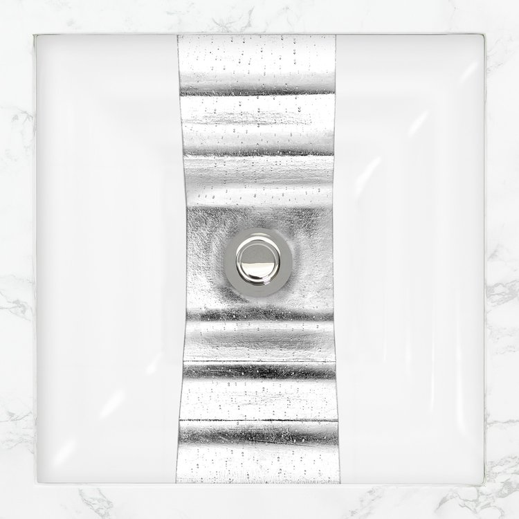 Linkasink Bathroom Sinks - Artisan Glass - AG11E-01SLV - Églomisé Ribbon Square - White Glass with Silver Ribbon - Undermount - OD: 16.5" x 16.5" x 4" - ID: 14" x 14" - Drain: 1.5"