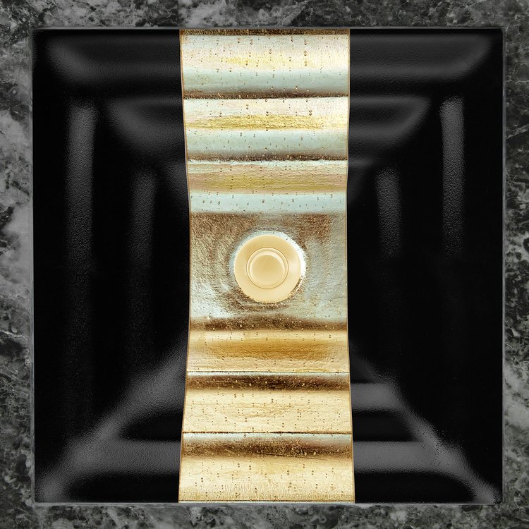 Linkasink Bathroom Sinks - Artisan Glass - AG11E-04GLD - Églomisé Ribbon Square - Black Glass with Gold Ribbon - Undermount - OD: 16.5" x 16.5" x 4" - ID: 14" x 14" - Drain: 1.5"