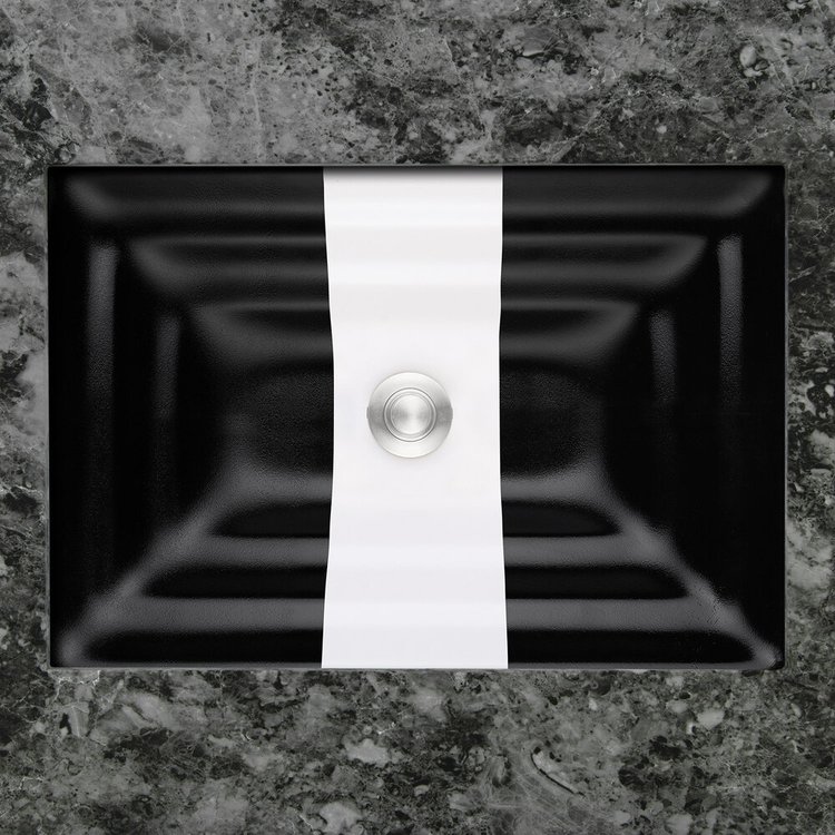 Linkasink Bathroom Sinks - Artisan Glass - AG13B - Ribbon Medium Rectangle - Black Glass With White Ribbon - Undermount - OD: 20” x 14” x 4” - ID: 18” x 12”” - Drain: 1.5"
