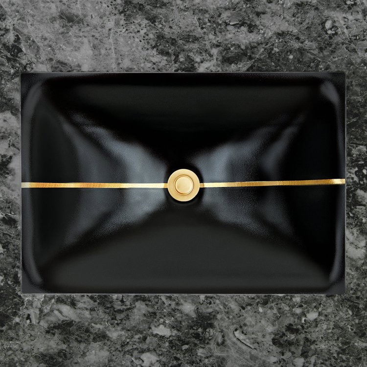 Linkasink Bathroom Sinks - Artisan Glass - AG15B-04GLD - Dune Stripe Medium Rectangle - Black Glass With Gold Leaf Accent - Undermount - OD: 20" x 14” x 4” - ID: 18” x 12” - Drain: 1.5"