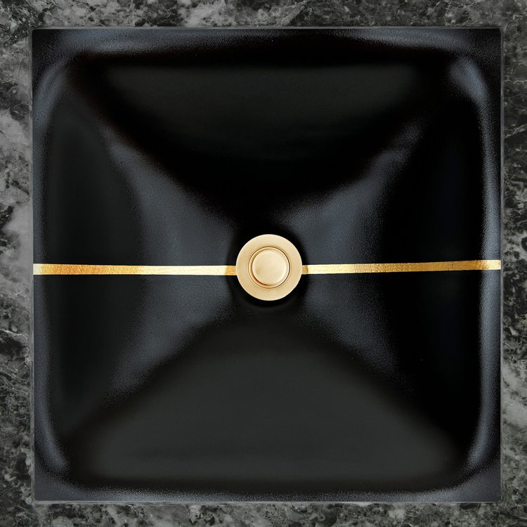 Linkasink Bathroom Sinks - Artisan Glass - AG15E-04BRS - Dune Stripe Square - Black Glass With Brass Leaf Accent - Undermount - OD: 16.5" x 16.5” x 4” - ID: 14” x 14” - Drain: 1.5"