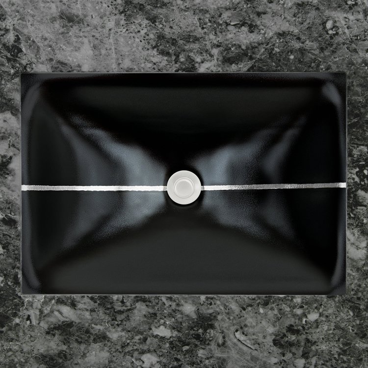 Linkasink Bathroom Sinks - Artisan Glass - AG16B-04SLV - Dune River Medium Rectangle - Black Glass With Silver Leaf Accent - Undermount - OD: 20" x 14” x 4” - ID: 18” x 12” - Drain: 1.5"