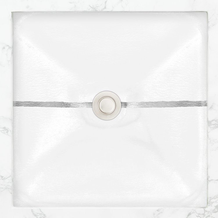 Linkasink Bathroom Sinks - Artisan Glass - AG16E-01SLV - Dune River Square - White Glass With Silver Leaf Accent - Undermount - OD: 16.5" x 16.5” x 4” - ID: 14” x 14” - Drain: 1.5"