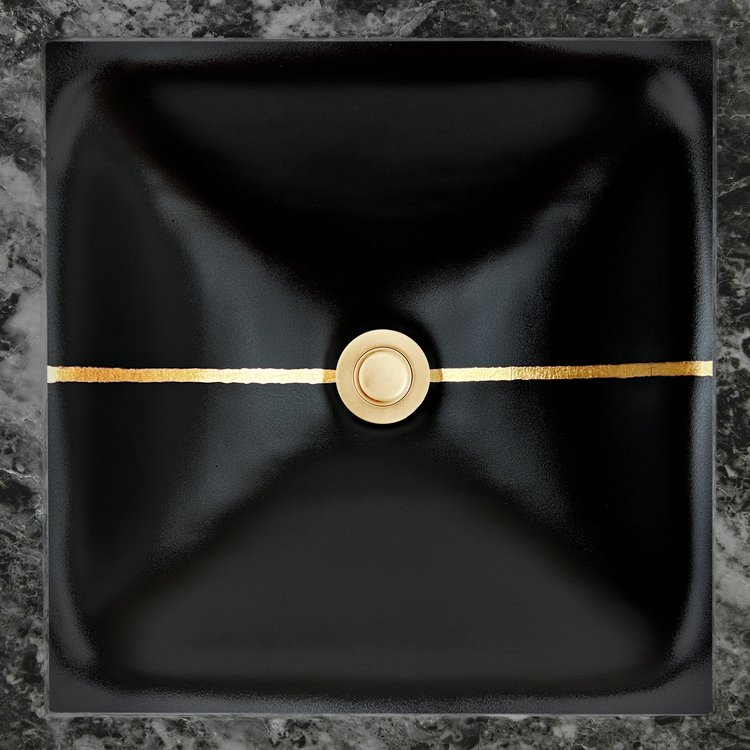 Linkasink Bathroom Sinks - Artisan Glass - AG16E-04GLD - Dune River Square - Black Glass With Gold Leaf Accent - Undermount - OD: 16.5" x 16.5” x 4” - ID: 14” x 14” - Drain: 1.5"