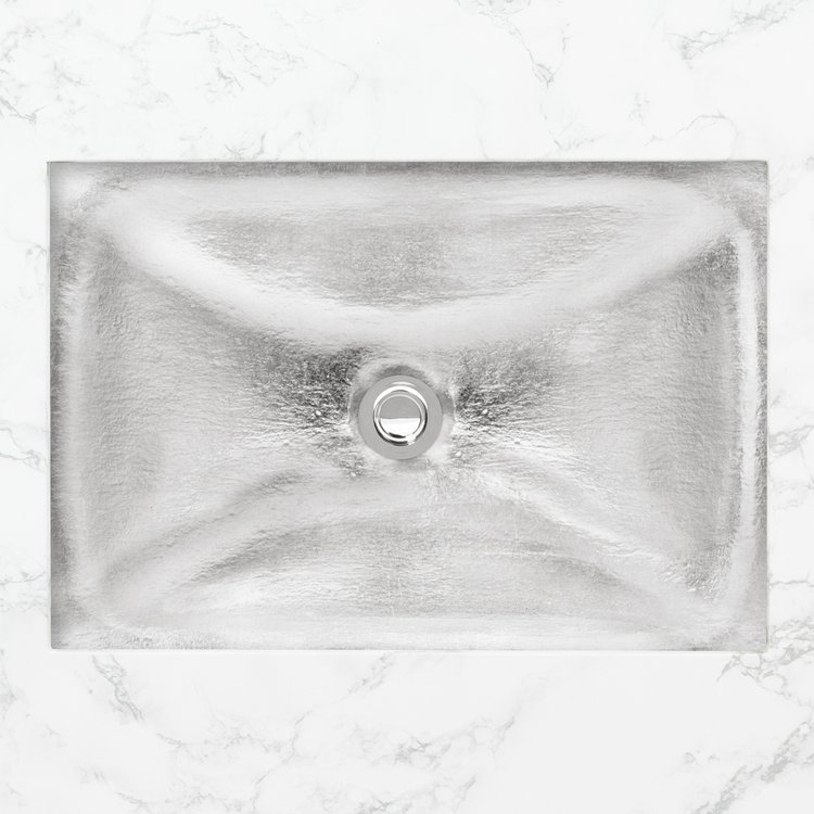 Linkasink Bathroom Sinks - Artisan Glass - AG17B-SLV - Dune Solid Medium Rectangle - Artisan Glass With Silver Leaf Accent - Undermount - OD: 20" x 164” x 4” - ID: 18” x 12” - Drain: 1.5"