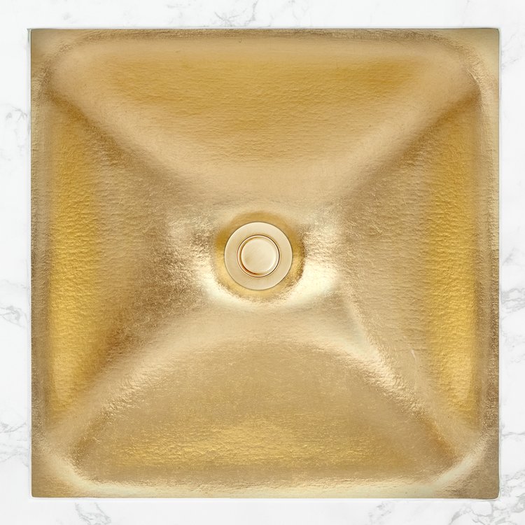 Linkasink Bathroom Sinks - Artisan Glass - AG17E-FB - Dune Solid Square - Artisan Glass With French Bronze Leaf Accent - Undermount - OD: 16.5" x 16.5” x 4” - ID: 18” x 12” - Drain: 1.5"