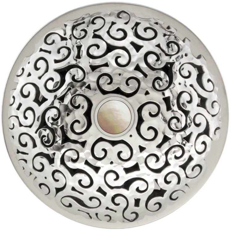 Linkasink - D016 PH-SCR02-N - 1.5" Grid Strainer - Polished Hammered Stainless Steel - Swirl with Mother of Pearl Screw - No Overflow