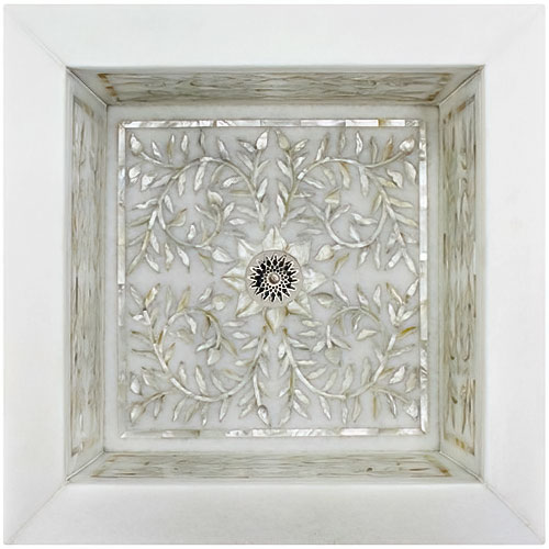 Linkasink Bathroom Sinks - Square White Marble Mother of Pearl Inlay - MI05 Floral Drop-In Bath Sink with 1.5" Drain Opening