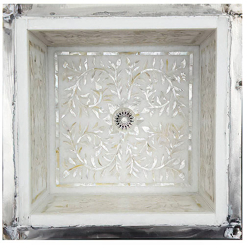Linkasink Bathroom Sinks - White Marble with Mother of Pearl Inlay - MI15 Square Floral Undermount Bath Sink