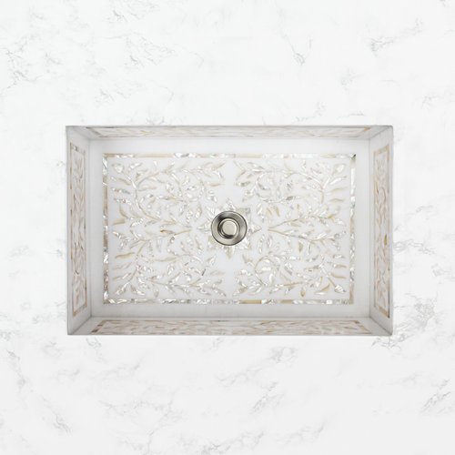 Linkasink Bathroom Sinks - White Marble Mother of Pearl Inlay - MI02 Floral Undermount Bath Sink with 1.5" Drain Opening