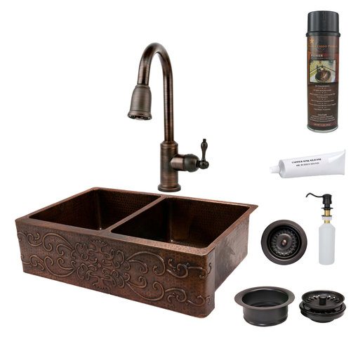 Premier Copper Package - Farmhouse Kitchen Sink KSP2-KA50DB33229S - 33" Kitchen Apron 50/50 Double Basin Sink w Scroll Design Premier Copper Package - Farmhouse Kitchen Sink KSP2-KA50DB33229S - 33" Kitchen Apron 50/50 Double Basin Sink w Scroll Design