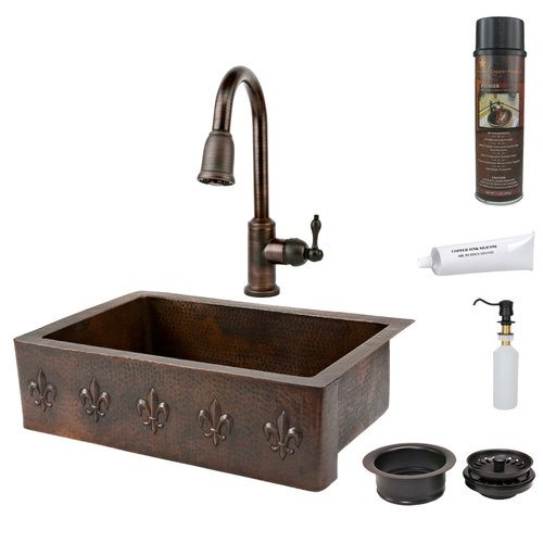 Premier Copper Package - Farmhouse Kitchen Sink KSP2-KASDB33229F - 33" Hammered Kitchen Apron Single Basin Sink w/ Fleur De Lis Premier Copper Package - Farmhouse Kitchen Sink KSP2-KASDB33229F - 33" Hammered Kitchen Apron Single Basin Sink w/ Fleur De Lis